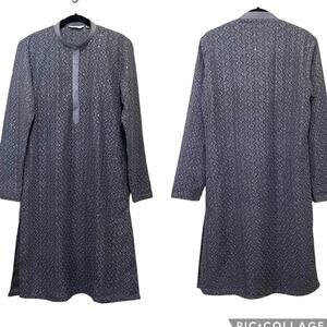 SENSO Indian Kurta Gray Long Sleeve High Neck Tunic Sequin Dress Women’s Sz 40/M